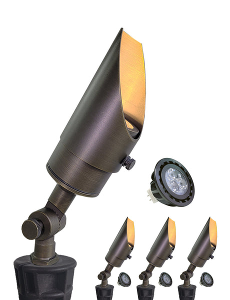 12V Brass Shroud Adjustable Outside Spotlights PVC Ground Stake and Wire Connector Included (MLR-S04)