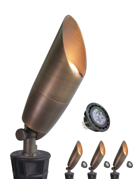 12V Solid Brass Outdoor Spotlight for Front and Backyard with Large Rugged Slot Spike (MLR-S06)